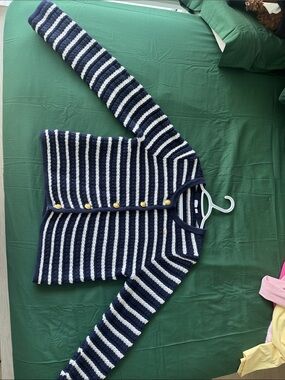 Striped Navy & White Button Cardigan Sweater - Women's